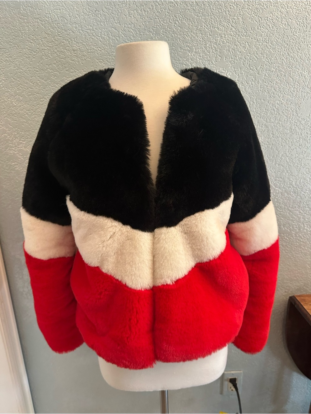 Apparis Women's Colorblock Faux Fur Jacket in Black, White, and Red Size M